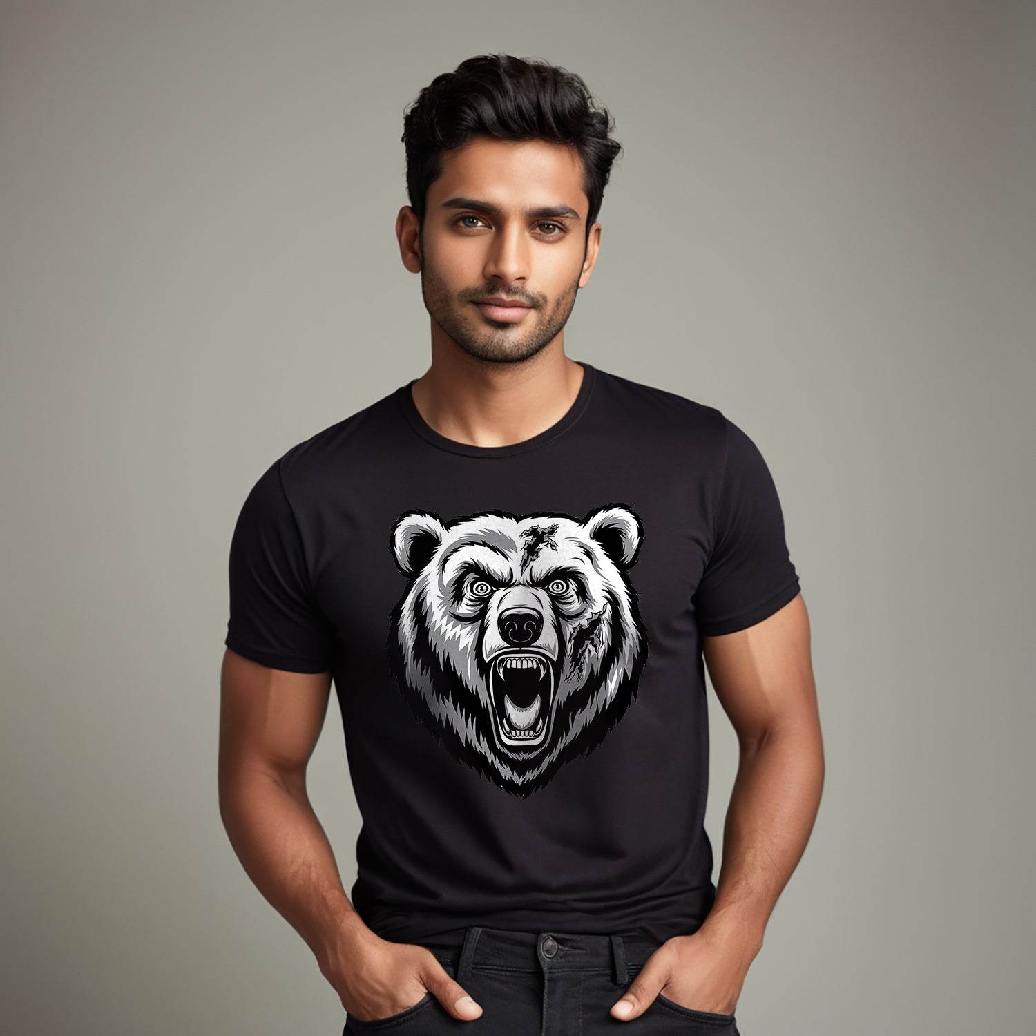 Angry Bear Attack - Unisex Round Neck Regular Fit 100% Combed Cotton Half Sleeve T-Shirt - Mojilo Mart