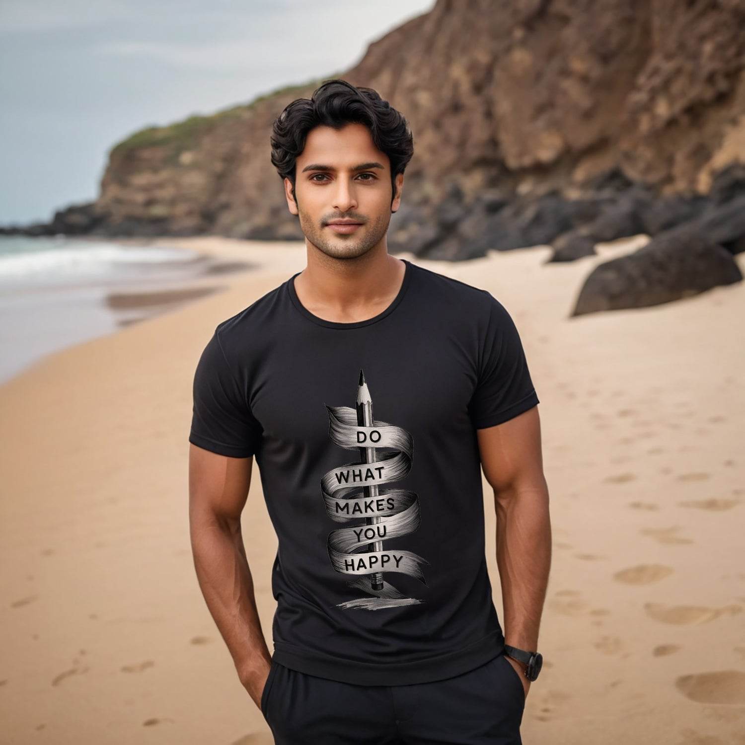 A Pencil is with a ribbon DO WHAT MAKES YOU HAPPY - Unisex Round Neck Regular Fit 100% Combed Cotton Half Sleeve T-Shirt - Mojilo Mart