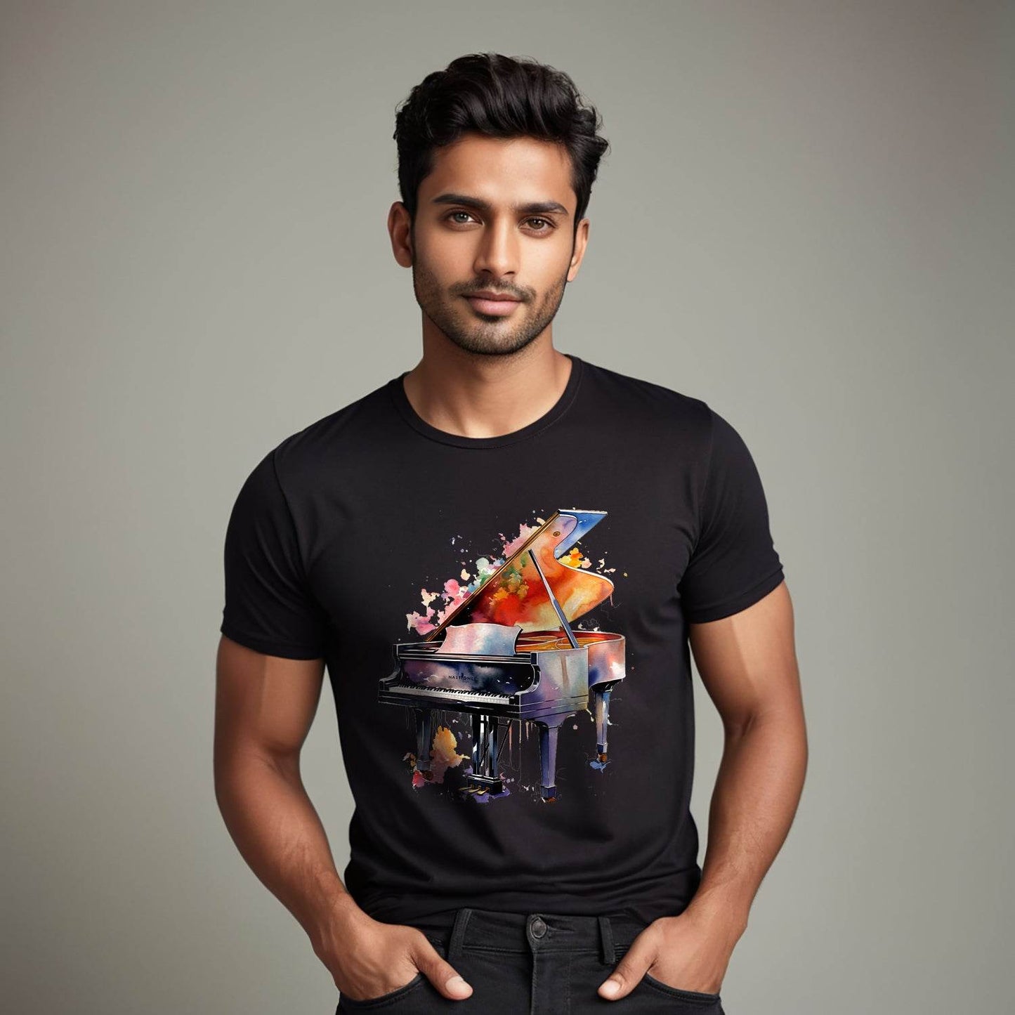 Instrument Watercolor Musical Piano - Unisex Round Neck Regular Fit 100% Combed Cotton Half Sleeve T-Shirt - Mojilo Mart