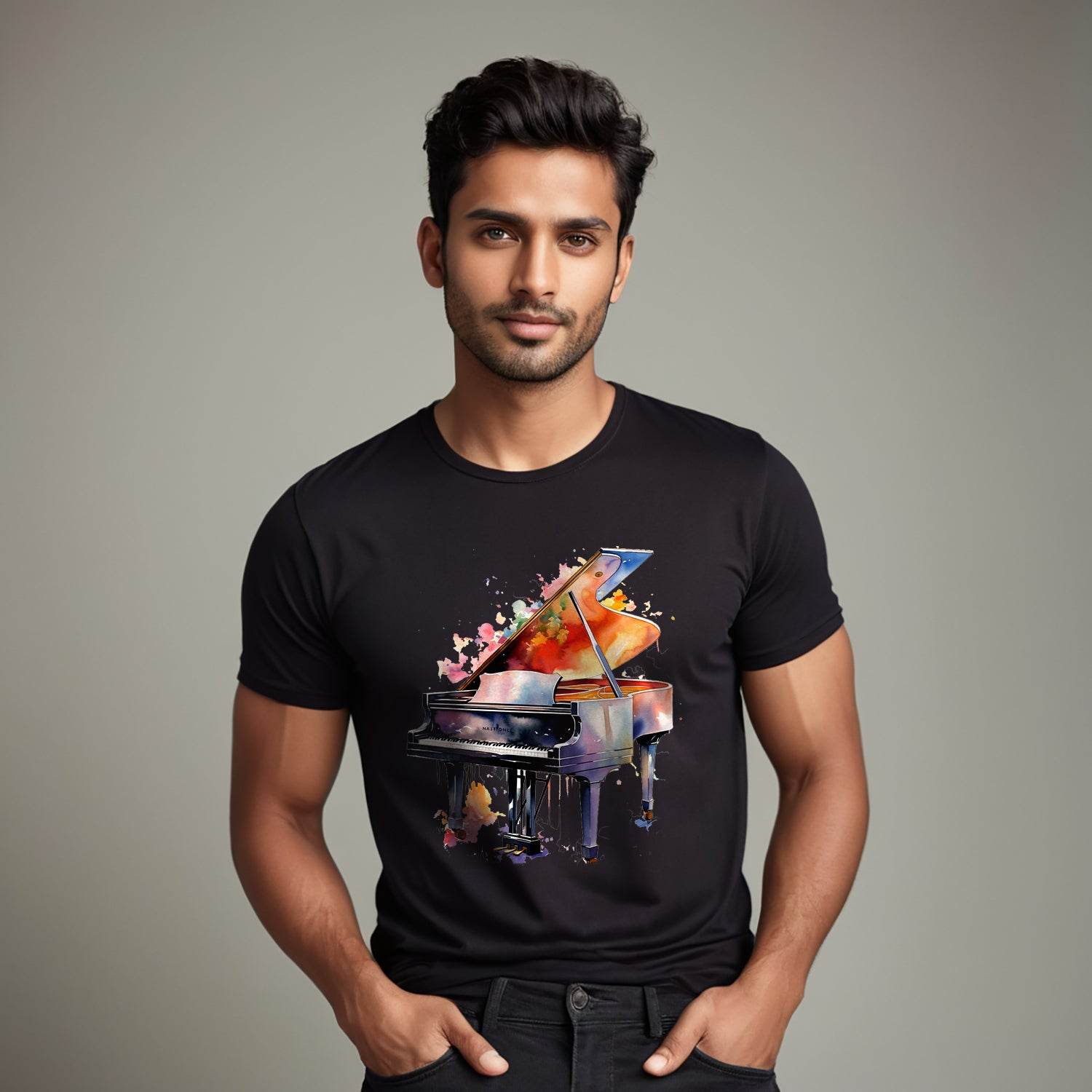 Instrument Watercolor Musical Piano - Unisex Round Neck Regular Fit 100% Combed Cotton Half Sleeve T-Shirt - Mojilo Mart