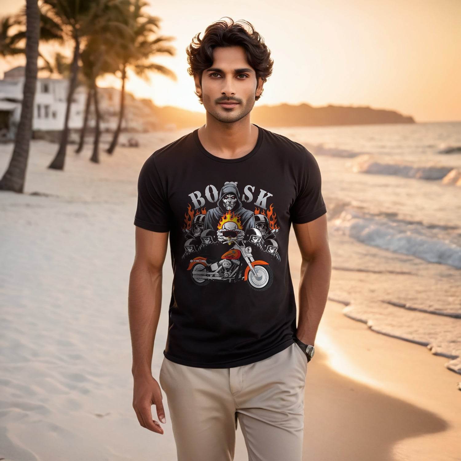 Man with fire bike Desing - Unisex Round Neck Regular Fit 100% Combed Cotton Half Sleeve T-Shirt - Mojilo Mart