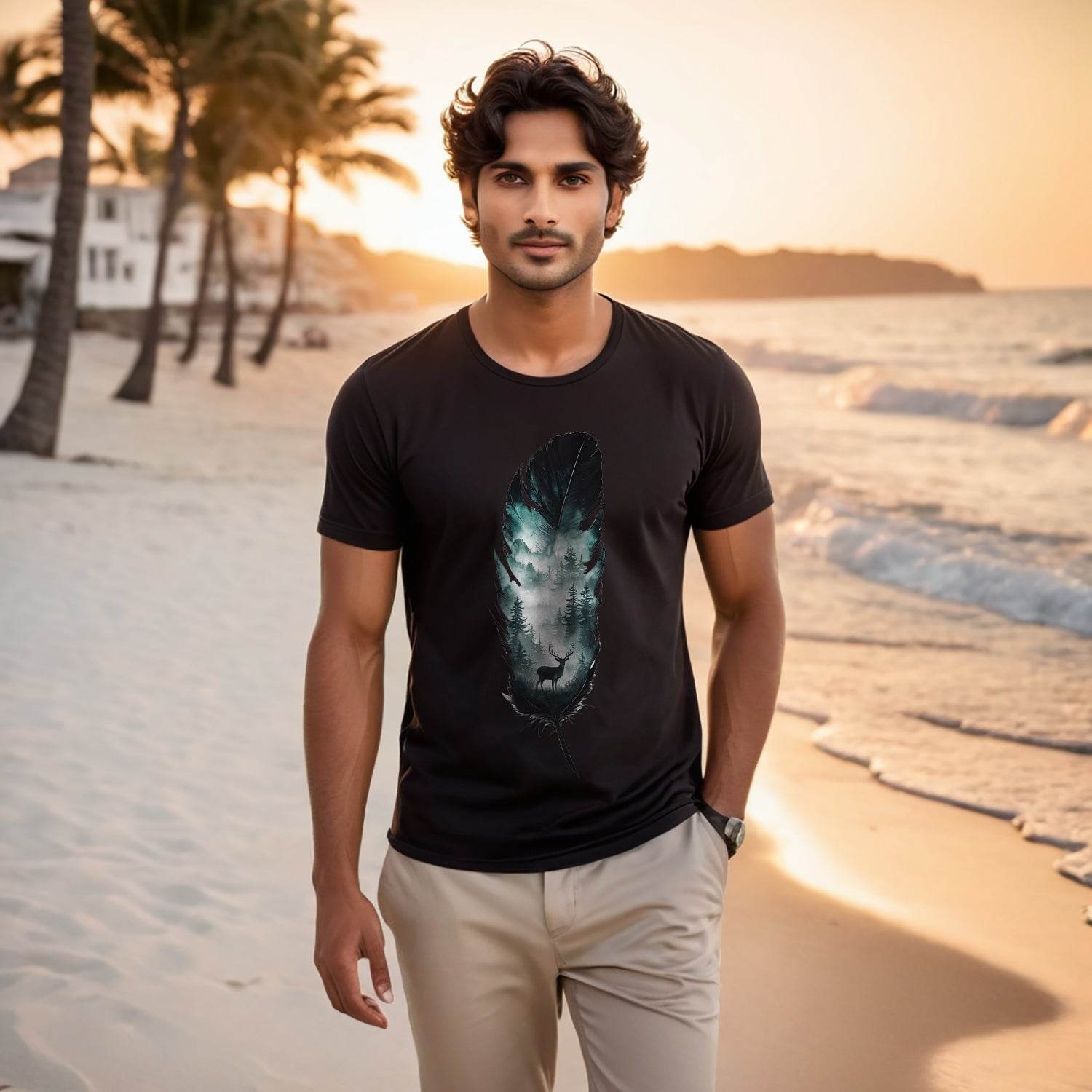 Moose with a forest - Unisex Round Neck Regular Fit 100% Combed Cotton Half Sleeve T-Shirt - Mojilo Mart