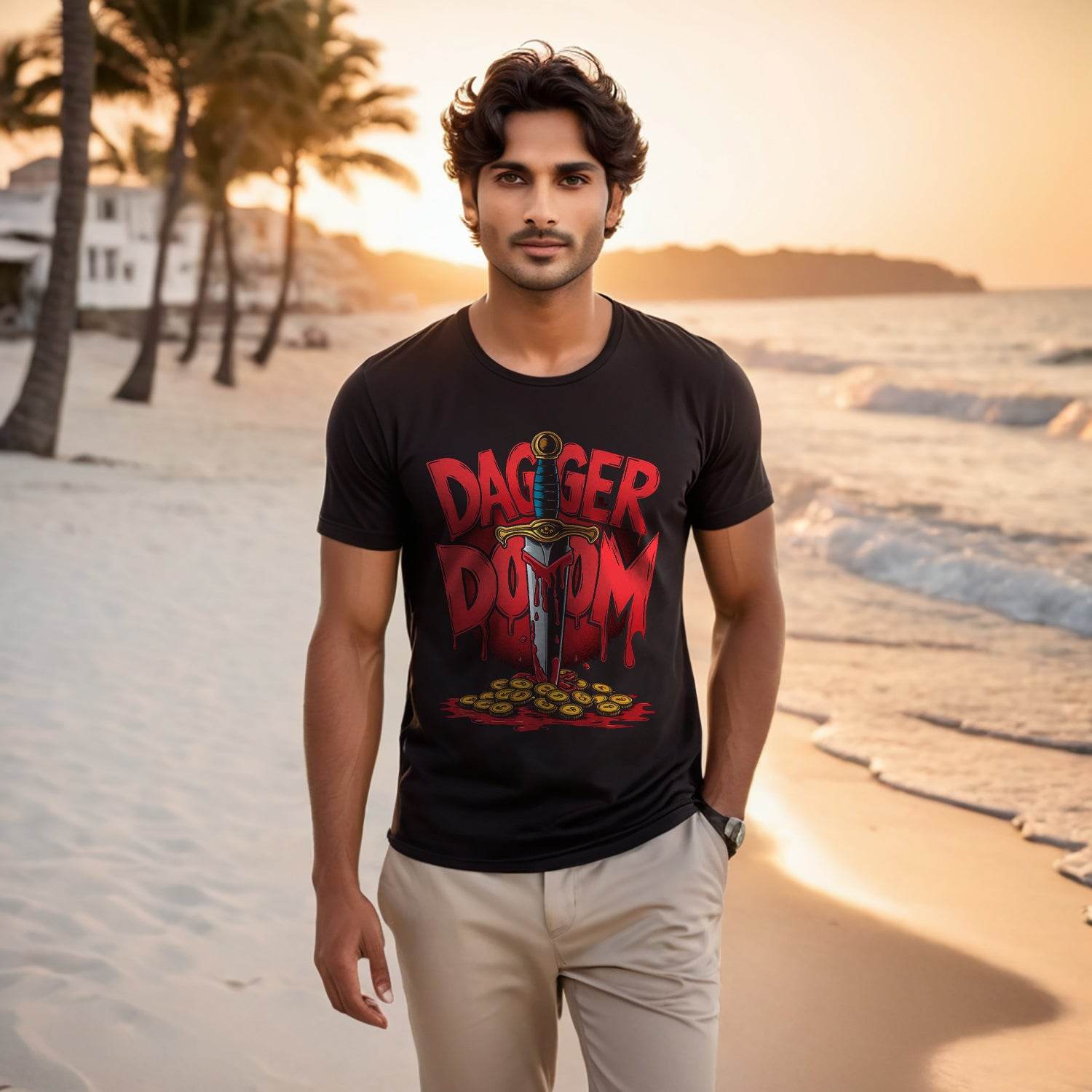 DAGGER DOOM PRINT - Unisex Round Neck Regular Fit 100% Combed Cotton Half Sleeve T-Shirt - Mojilo Mart
