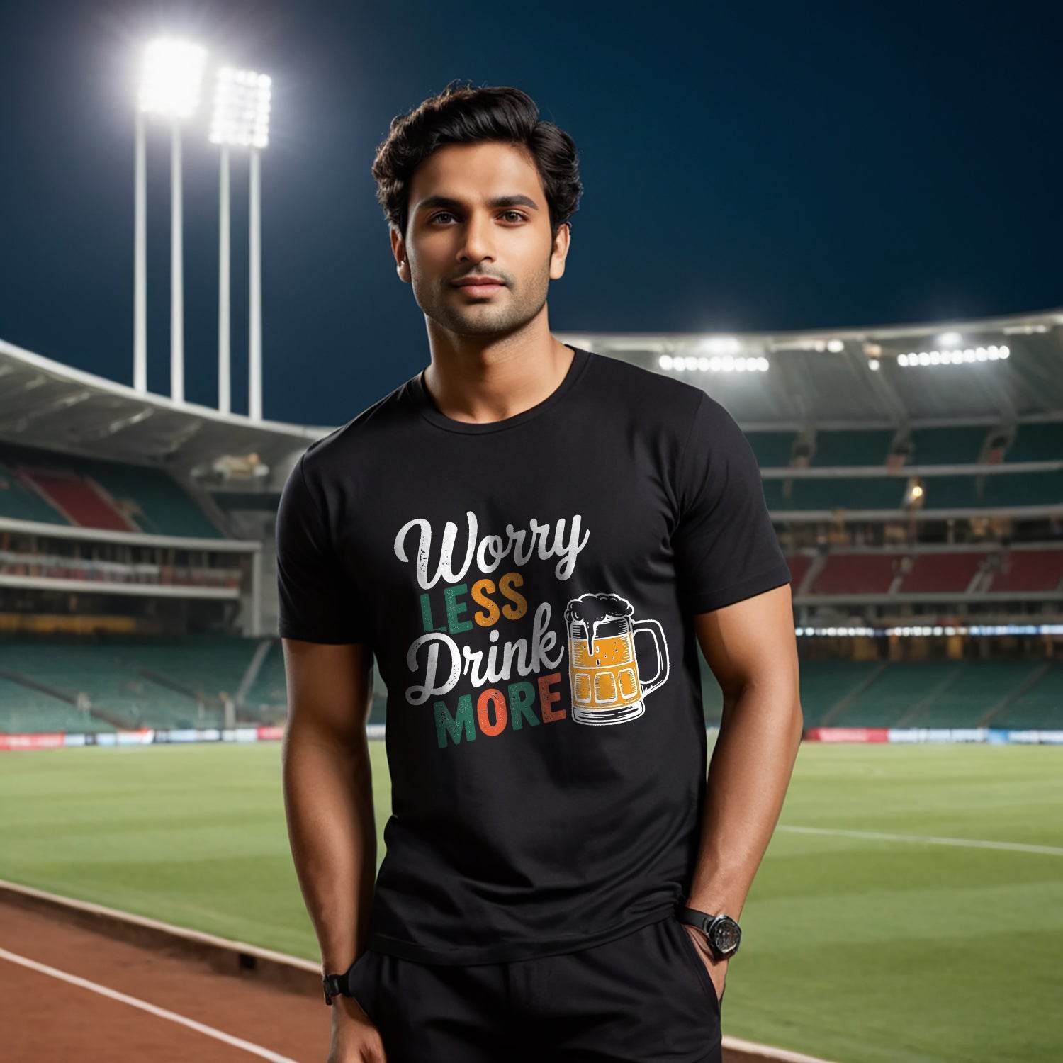 Worry LESS Drink MORE - Unisex Round Neck Regular Fit 100% Combed Cotton Half Sleeve T-Shirt - Mojilo Mart
