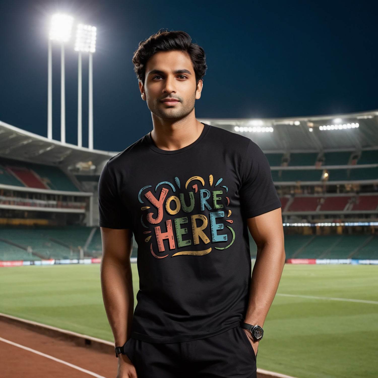 YOU'RE HERE - Unisex Round Neck Regular Fit 100% Combed Cotton Half Sleeve T-Shirt - Mojilo Mart