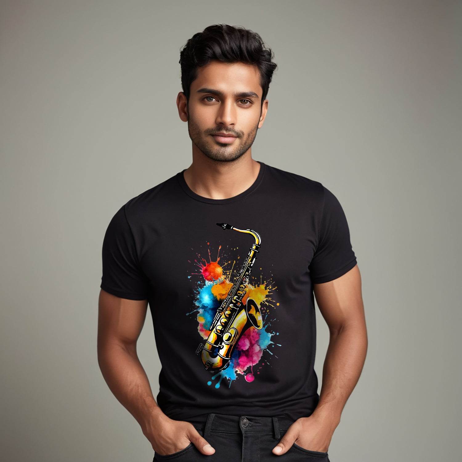 Colorful Saxophone with Musical Splash Art - Unisex Round Neck Regular Fit 100% Combed Cotton Half Sleeve T-Shirt - Mojilo Mart