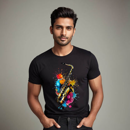 Colorful Saxophone with Musical Splash Art - Unisex Round Neck Regular Fit 100% Combed Cotton Half Sleeve T-Shirt - Mojilo Mart