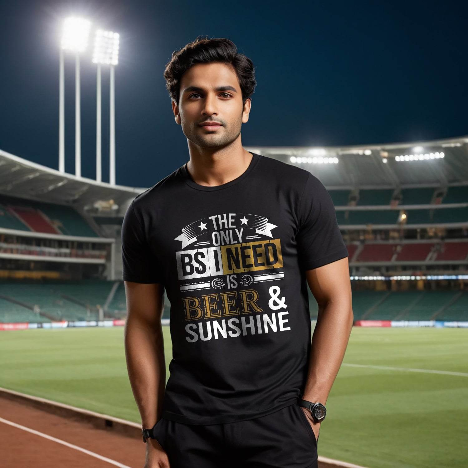 THE ONLY BS I NEED IS BEER & SUNSHINE - Unisex Round Neck Regular Fit 100% Combed Cotton Half Sleeve T-Shirt - Mojilo Mart
