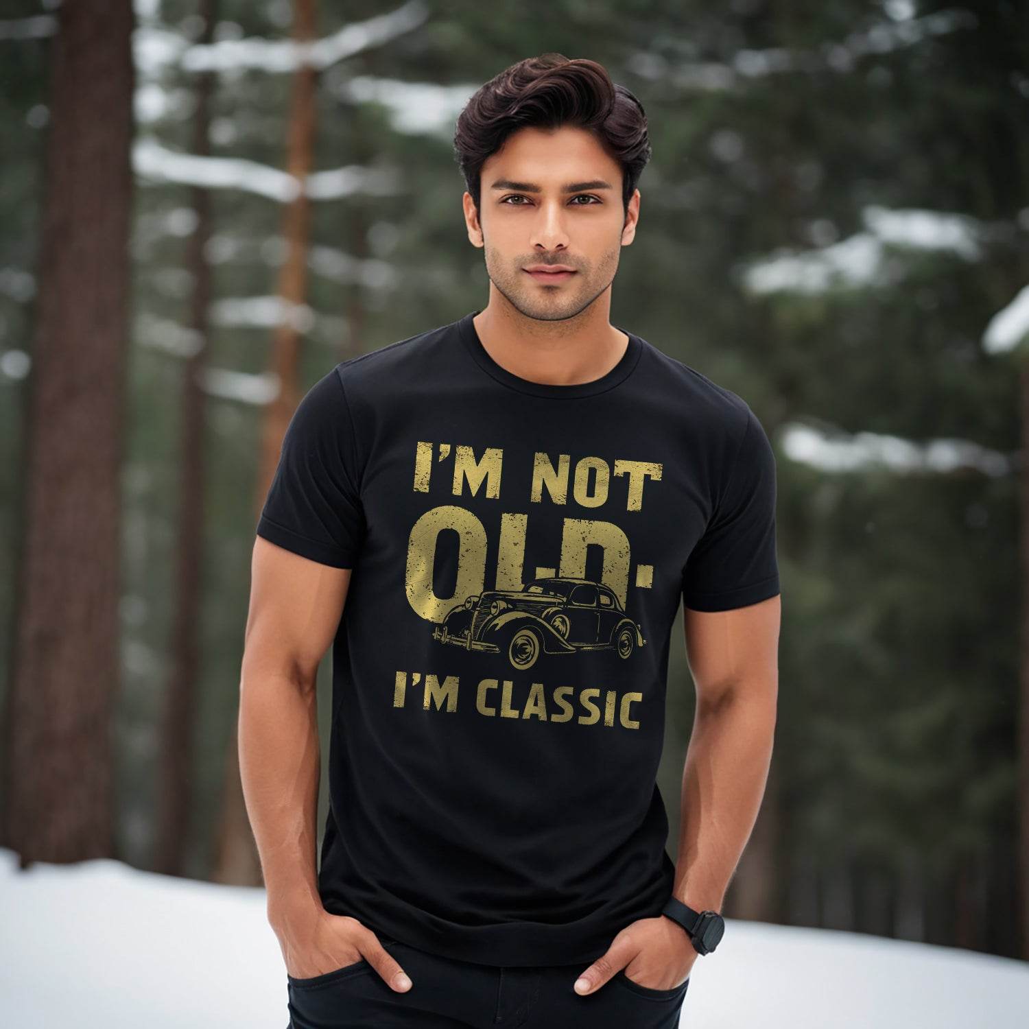 Old vintage car and the words old on it Im Classic - Unisex Round Neck Regular Fit 100% Combed Cotton Half Sleeve T-Shirt - Mojilo Mart
