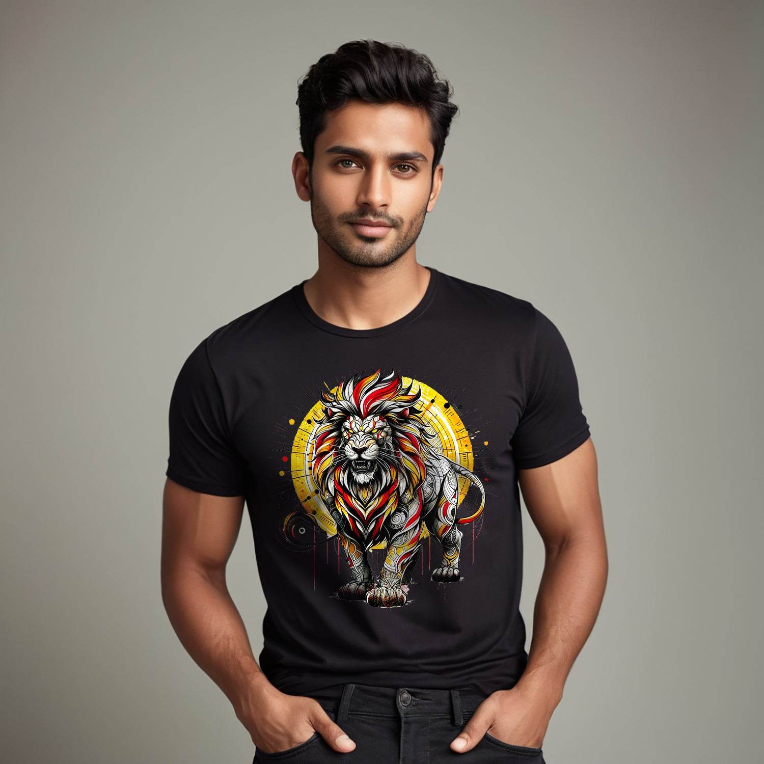Colorful Lion Head line Art - Unisex Round Neck Regular Fit 100% Combed Cotton Half Sleeve T-Shirt - Mojilo Mart