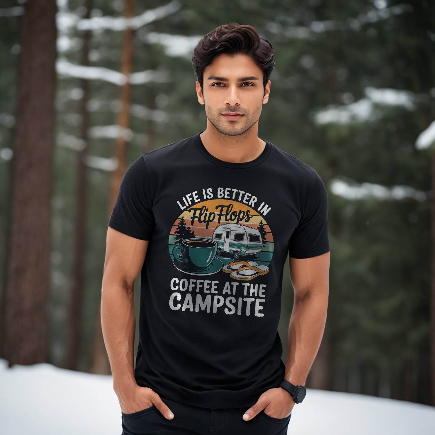 LIFE IS BETTER IN Flip Flops COFFEE AT THE CAMPSITE - Unisex Round Neck Regular Fit 100% Combed Cotton Half Sleeve T-Shirt - Mojilo Mart