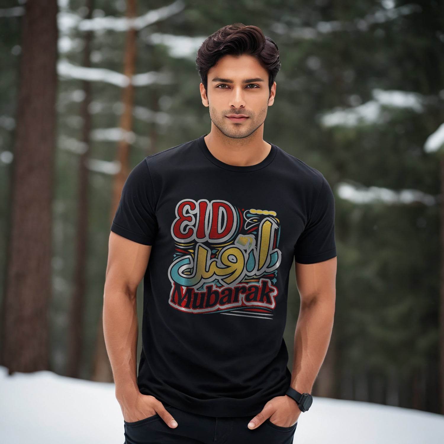 EID Mubarak Images - Unisex Round Neck Regular Fit 100% Combed Cotton Half Sleeve T-Shirt - Mojilo Mart