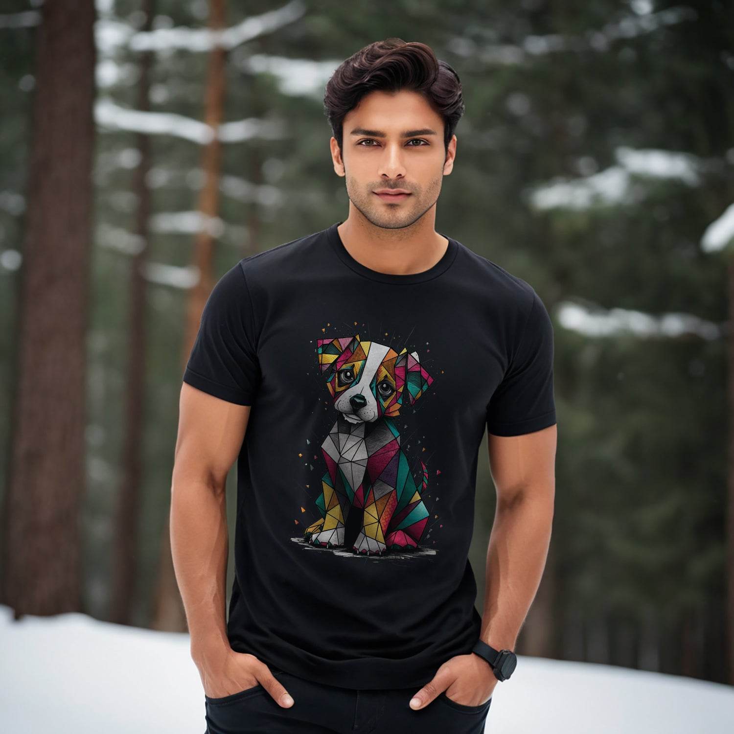 A dog with a colorful pattern on its face - Unisex Round Neck Regular Fit 100% Combed Cotton Half Sleeve T-Shirt - Mojilo Mart