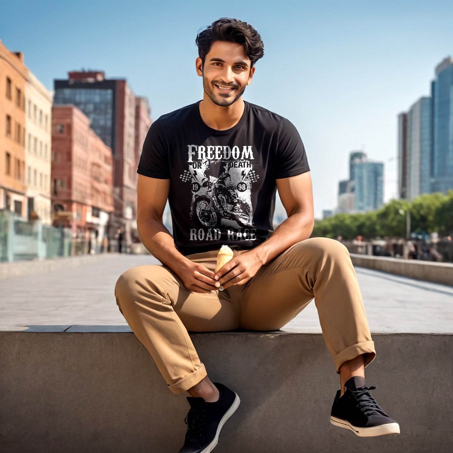 FREEDOM OR DEATH ROAD RACE - Unisex Round Neck Regular Fit 100% Combed Cotton Half Sleeve T-Shirt - Mojilo Mart