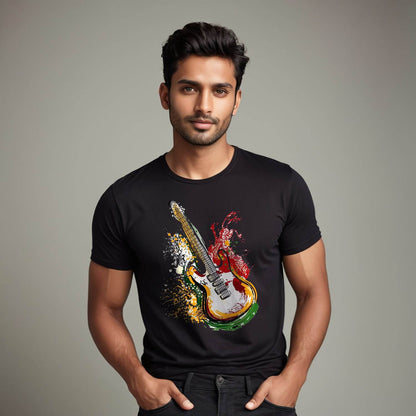Guitar Dripping Paint Effect - Unisex Round Neck Regular Fit 100% Combed Cotton Half Sleeve T-Shirt - Mojilo Mart