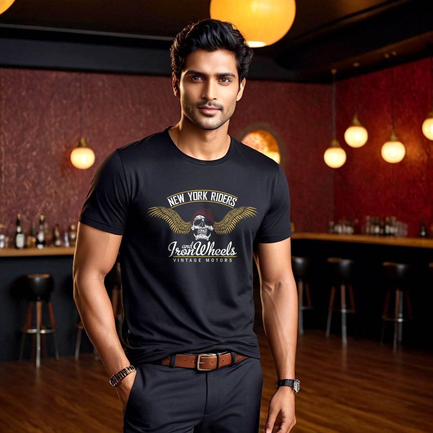 NEW YORK RIDERS AND IRON Wheels VINTAGE MOTORS - Unisex Round Neck Regular Fit 100% Combed Cotton Half Sleeve T-Shirt - Mojilo Mart
