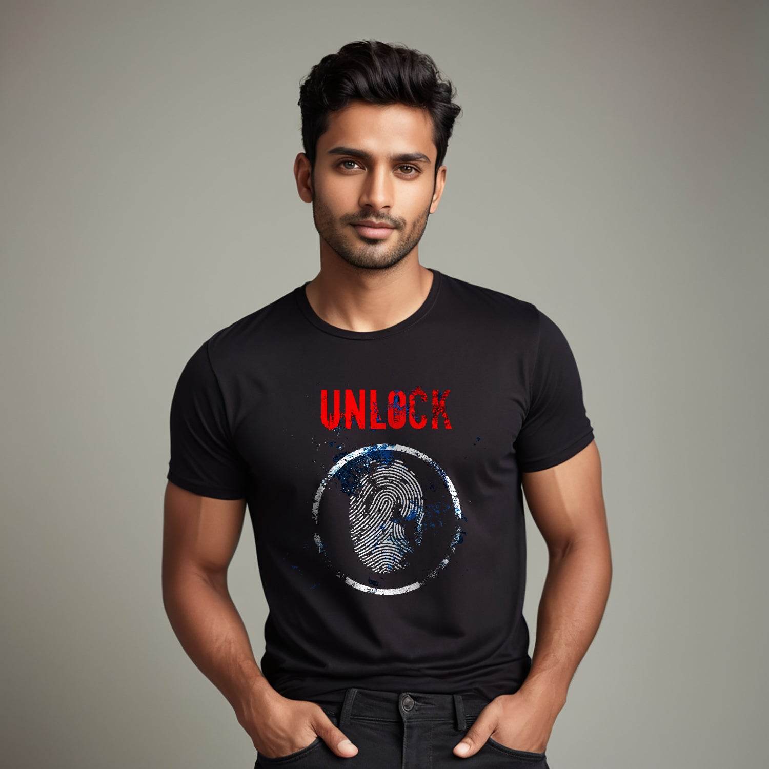 UNLOCK - Unisex Round Neck Regular Fit 100% Combed Cotton Half Sleeve T-Shirt - Mojilo Mart