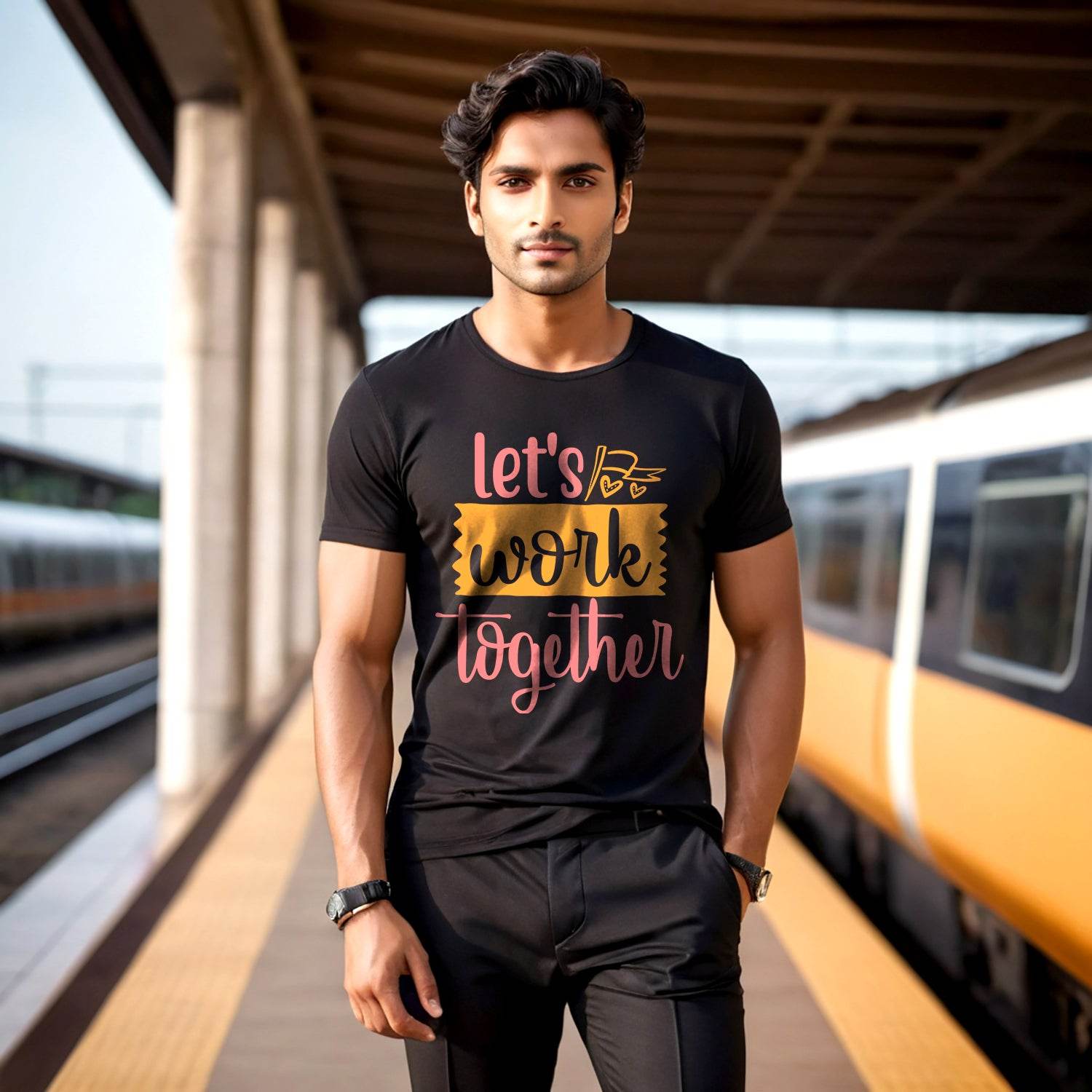 Let's work together Print - Unisex Round Neck Regular Fit 100% Combed Cotton Half Sleeve T-Shirt - Mojilo Mart