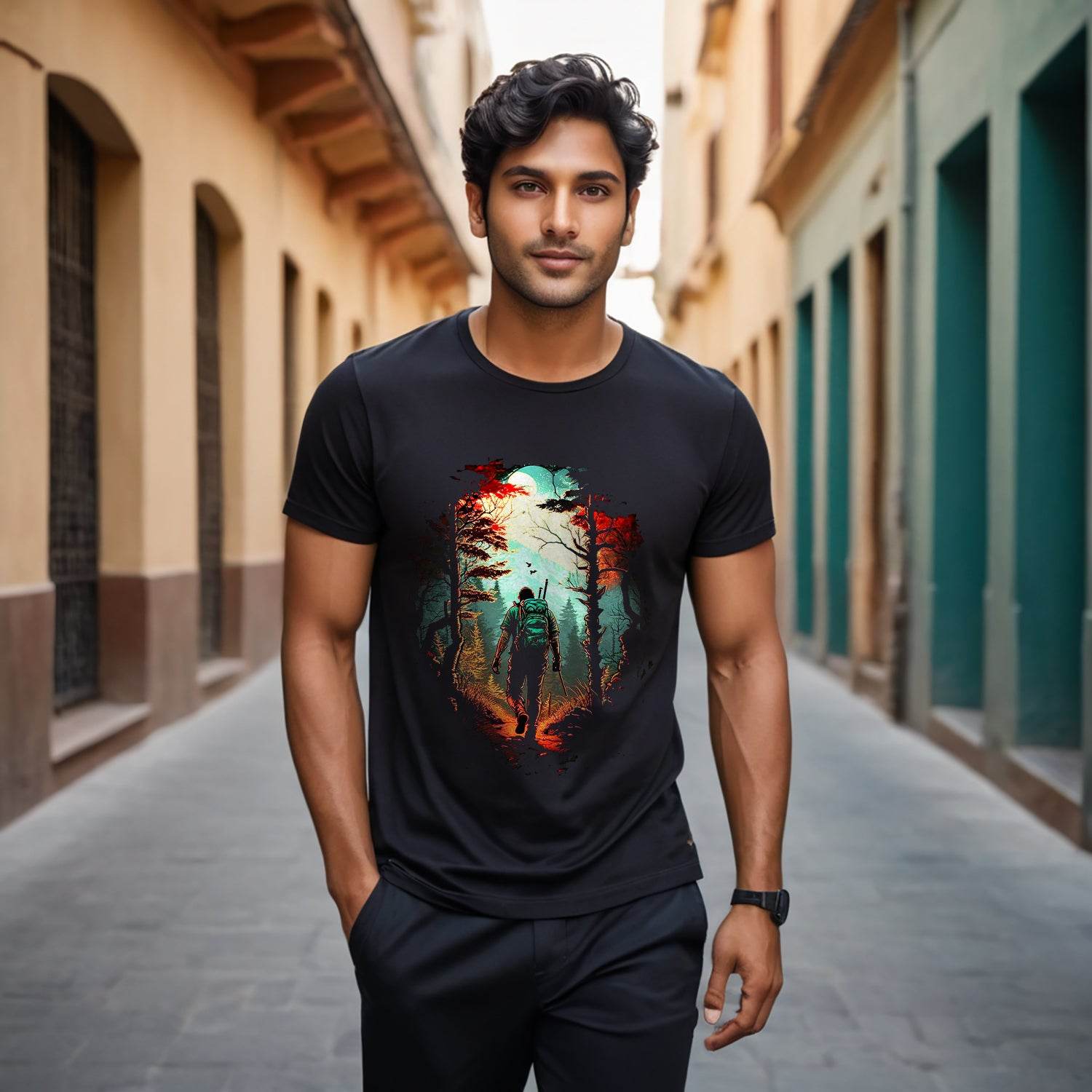 person walking in a forest with a bird flying - Unisex Round Neck Regular Fit 100% Combed Cotton Half Sleeve T-Shirt - Mojilo Mart