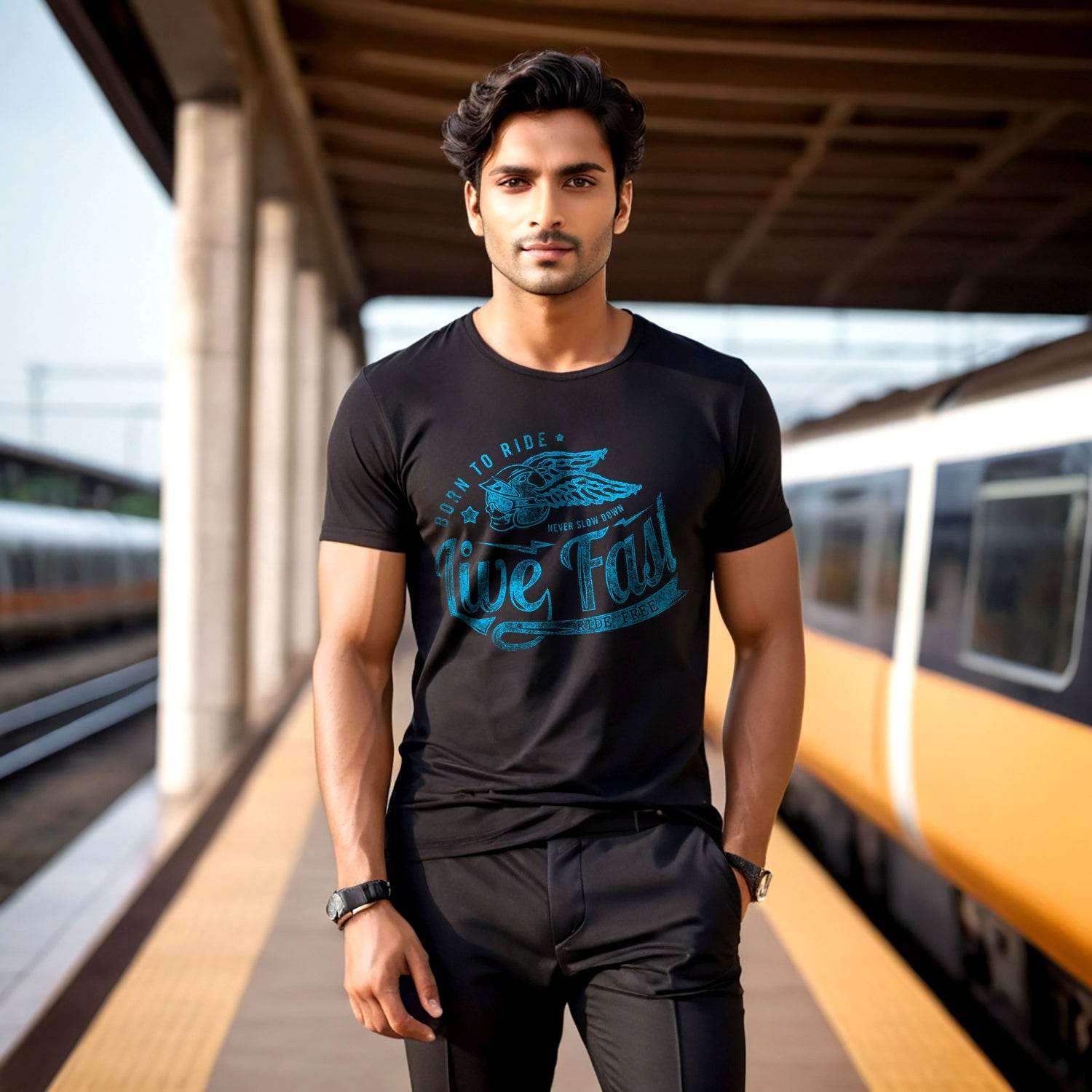 BORN TO RIDE NEVER SLOW DOWN Live FAST - Unisex Round Neck Regular Fit 100% Combed Cotton Half Sleeve T-Shirt - Mojilo Mart