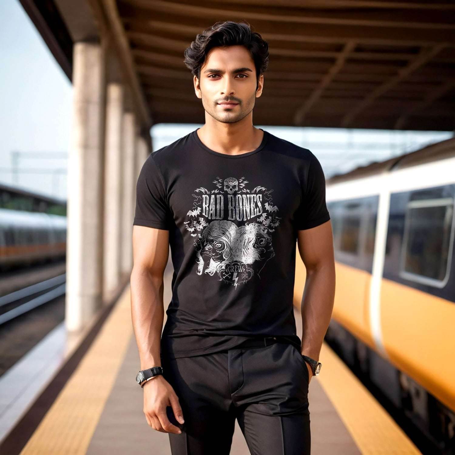 BAD BONES - Unisex Round Neck Regular Fit 100% Combed Cotton Half Sleeve T-Shirt - Mojilo Mart