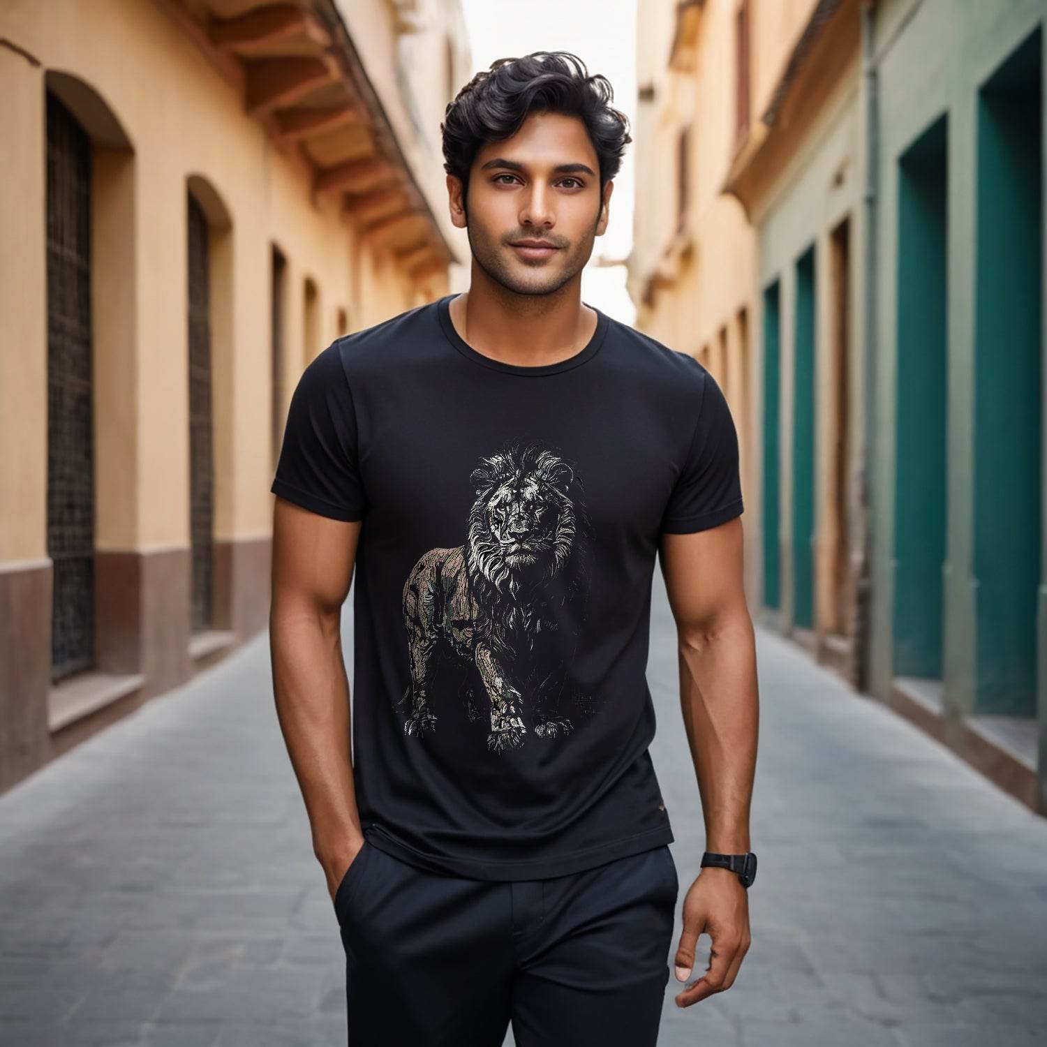 Lion's Face, Dark Tee - Unisex Round Neck Regular Fit 100% Combed Cotton Half Sleeve T-Shirt - Mojilo Mart