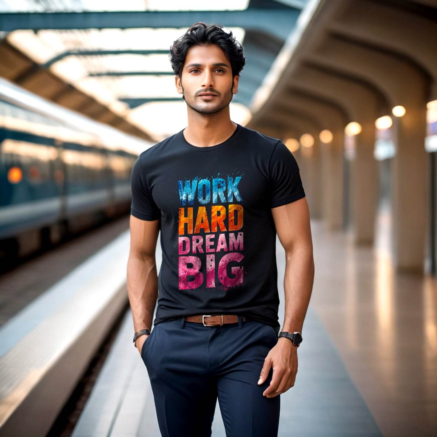 WORK HARD DREAM BIG PRINT - Unisex Round Neck Regular Fit 100% Combed Cotton Half Sleeve T-Shirt - Mojilo Mart