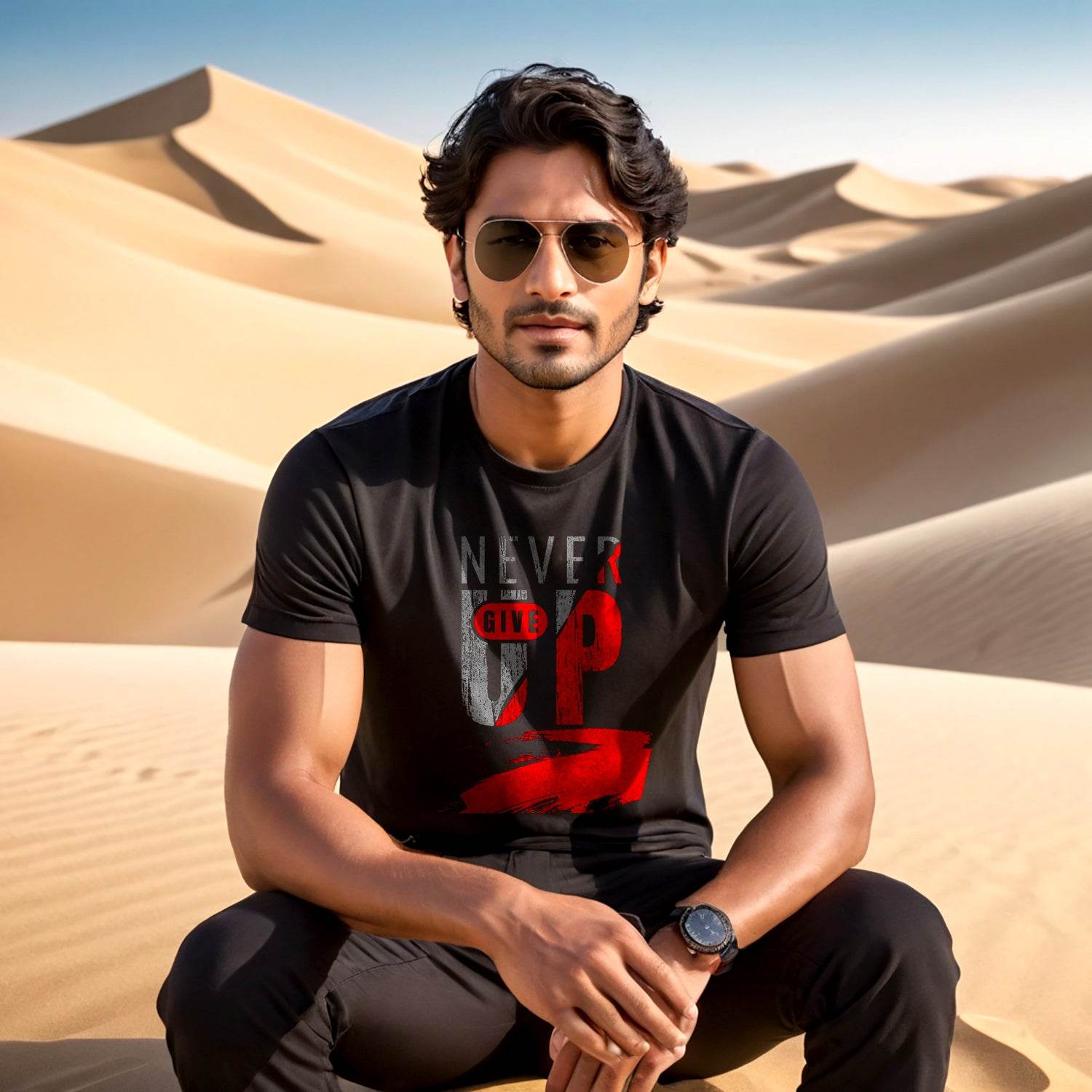 NEVER GIVE UP Print - Unisex Round Neck Regular Fit 100% Combed Cotton Half Sleeve T-Shirt - Mojilo Mart
