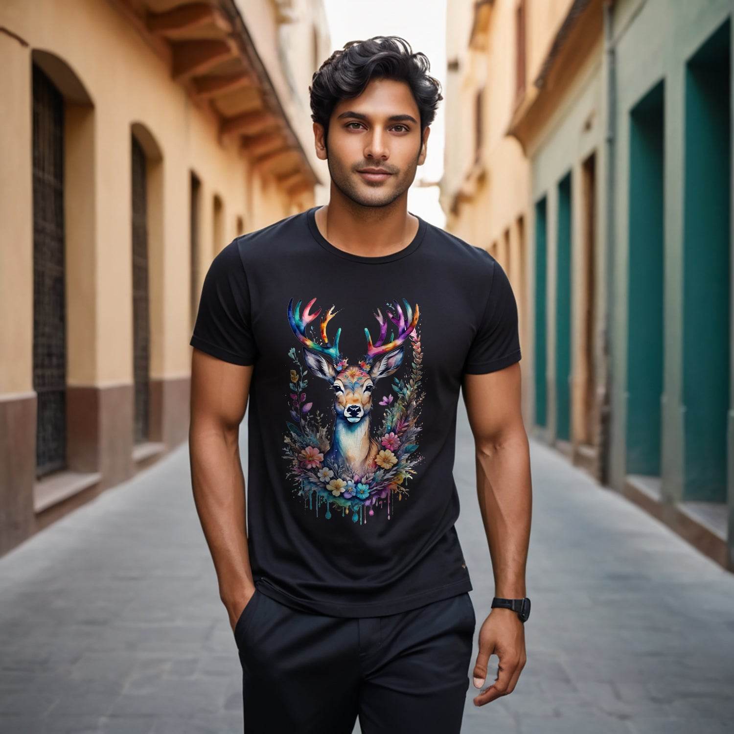 Magic Deer Antlers Forest Psychedelic deer Art - Unisex Round Neck Regular Fit 100% Combed Cotton Half Sleeve T-Shirt - Mojilo Mart