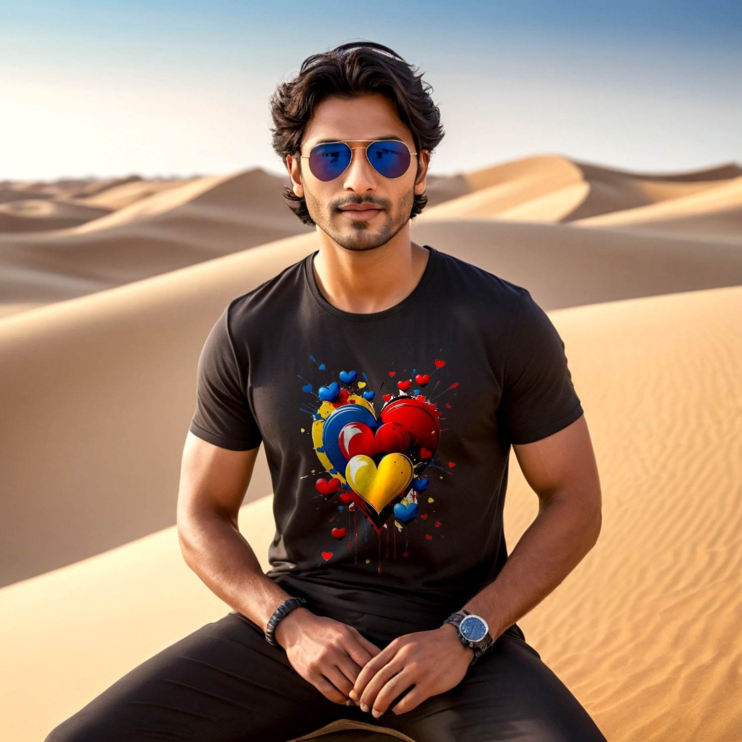 Abstract Colorful Acryl Hearts - Unisex Round Neck Regular Fit 100% Combed Cotton Half Sleeve T-Shirt - Mojilo Mart