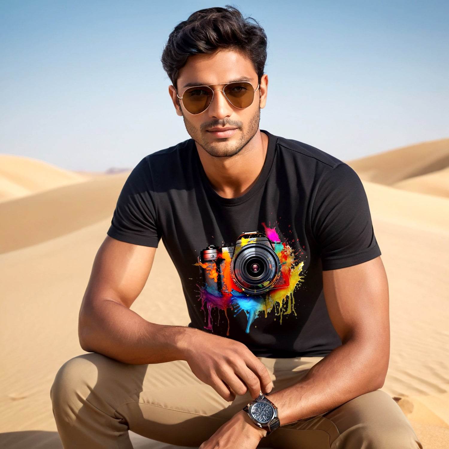Vector colorful camera - Unisex Round Neck Regular Fit 100% Combed Cotton Half Sleeve T-Shirt - Mojilo Mart