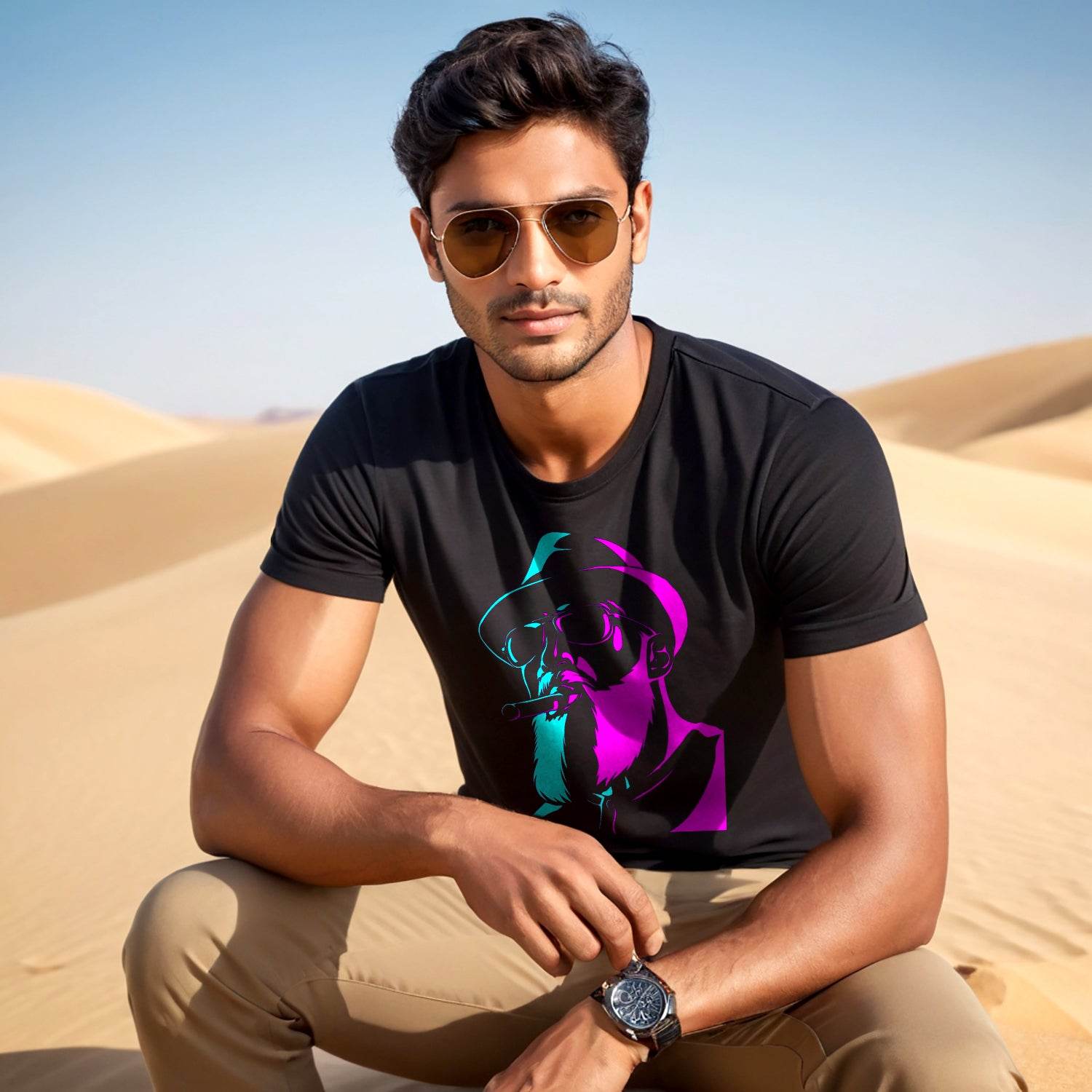 Wooden Cigar Man Painting - Unisex Round Neck Regular Fit 100% Combed Cotton Half Sleeve T-Shirt - Mojilo Mart