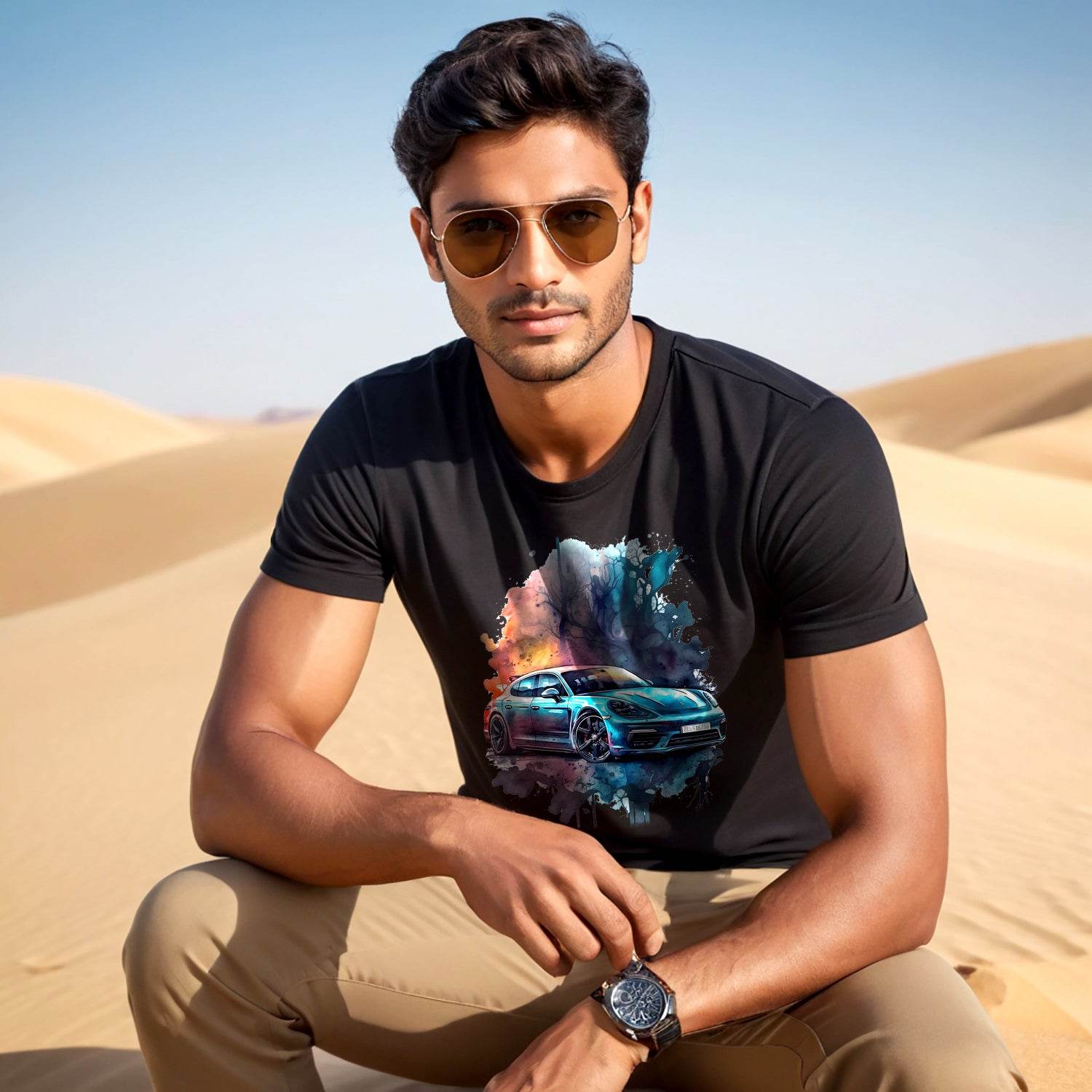 Porsche Panamera edition in a watercolor style - Unisex Round Neck Regular Fit 100% Combed Cotton Half Sleeve T-Shirt - Mojilo Mart