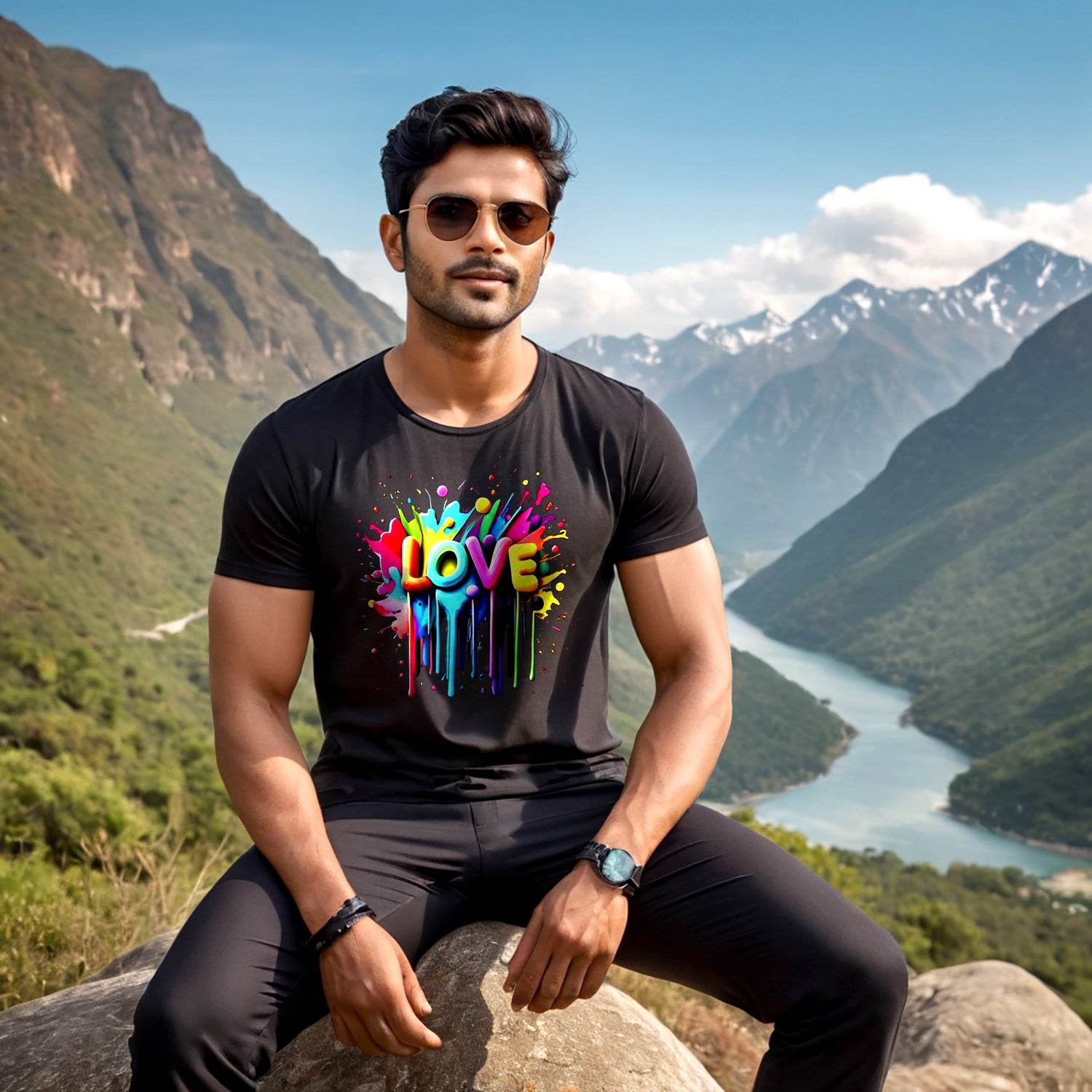 Colorful Love Word Art with Hearts - Unisex Round Neck Regular Fit 100% Combed Cotton Half Sleeve T-Shirt - Mojilo Mart