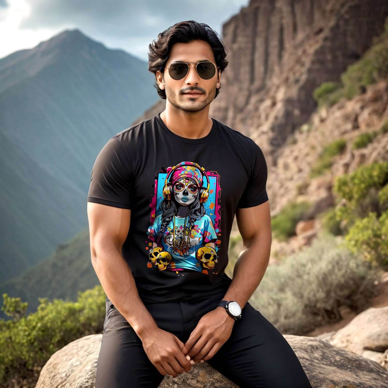 A sugar skull girl figure - Unisex Round Neck Regular Fit 100% Combed Cotton Half Sleeve T-Shirt - Mojilo Mart