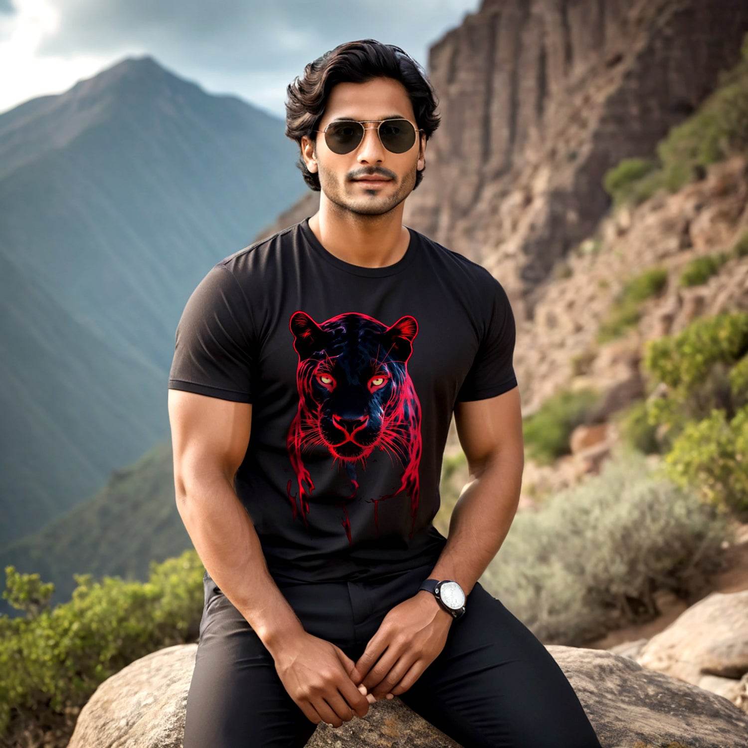 A black tiger with red eyes - Unisex Round Neck Regular Fit 100% Combed Cotton Half Sleeve T-Shirt - Mojilo Mart