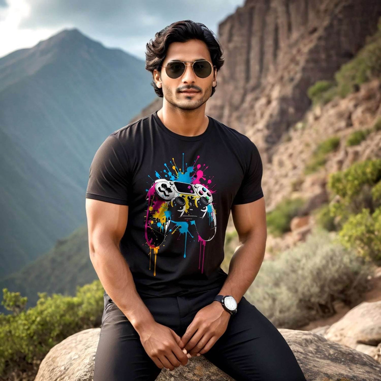 Playstation controller with a multi-coloured ink splash - Unisex Round Neck Regular Fit 100% Combed Cotton Half Sleeve T-Shirt - Mojilo Mart