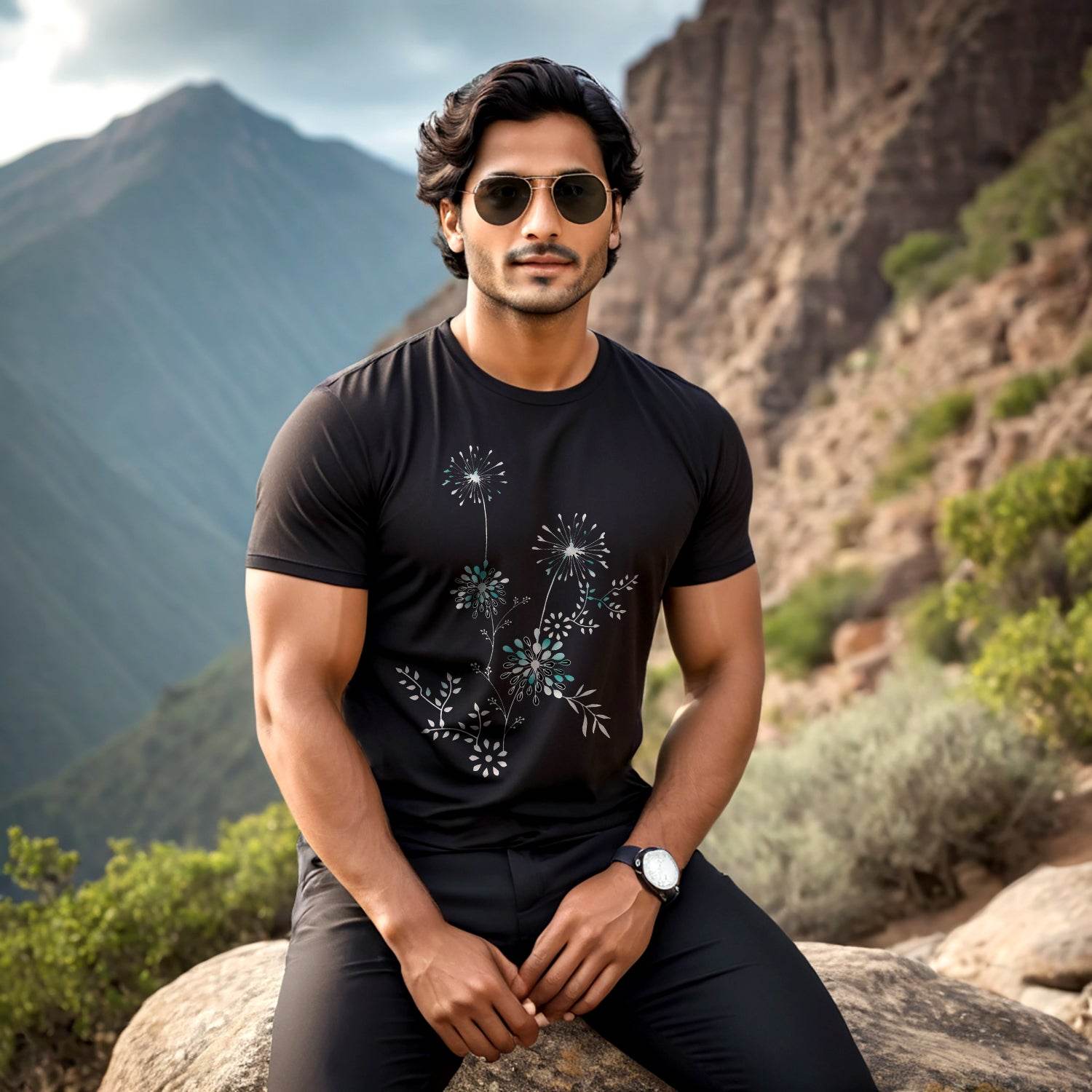 Beautiful flowers cute black with flower - Unisex Round Neck Regular Fit 100% Combed Cotton Half Sleeve T-Shirt - Mojilo Mart