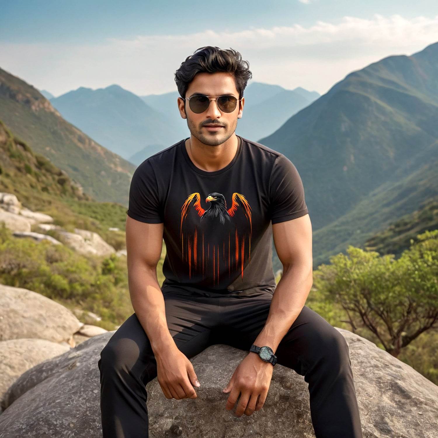 A Eagle bird with orange and black feathers - Unisex Round Neck Regular Fit 100% Combed Cotton Half Sleeve T-Shirt - Mojilo Mart