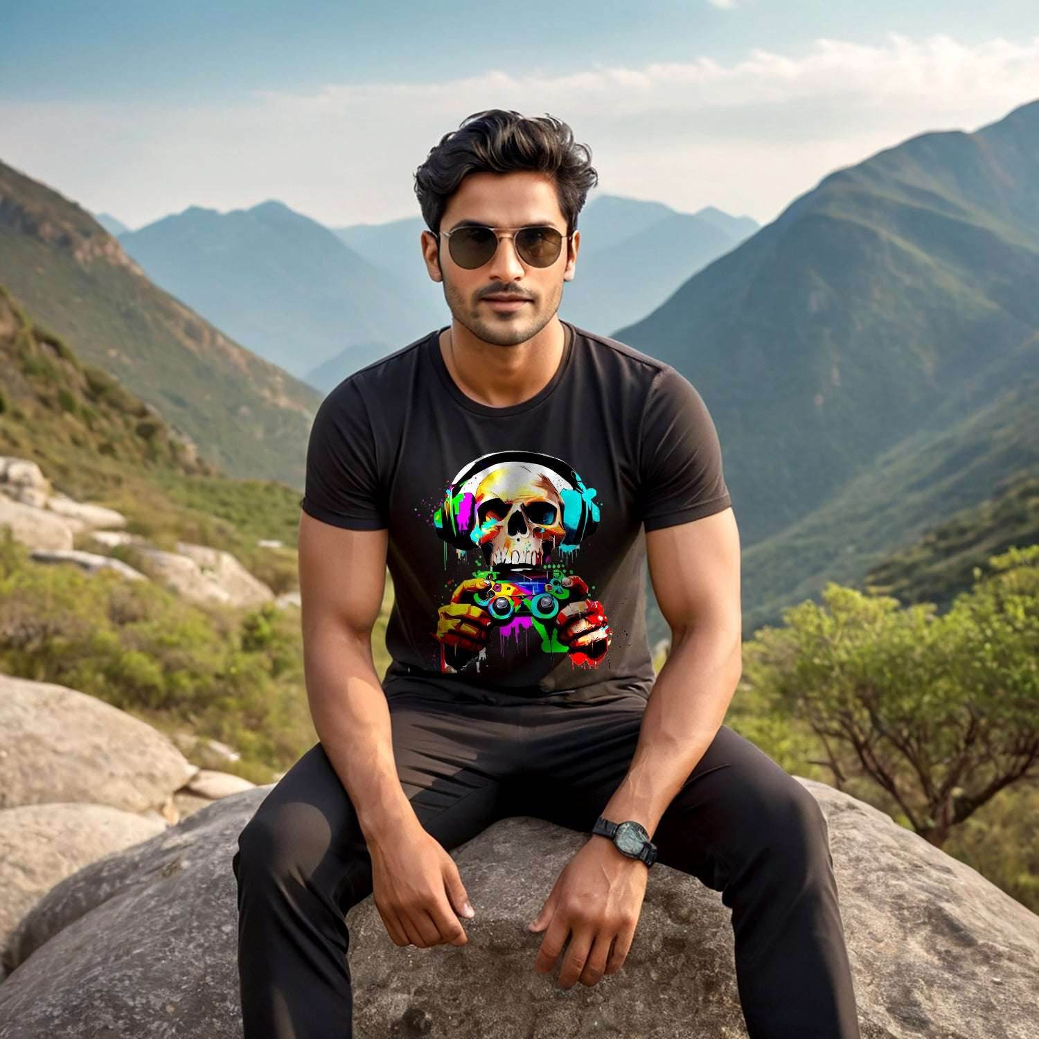 Gaming Skull with Headphones Design - Unisex Round Neck Regular Fit 100% Combed Cotton Half Sleeve T-Shirt - Mojilo Mart