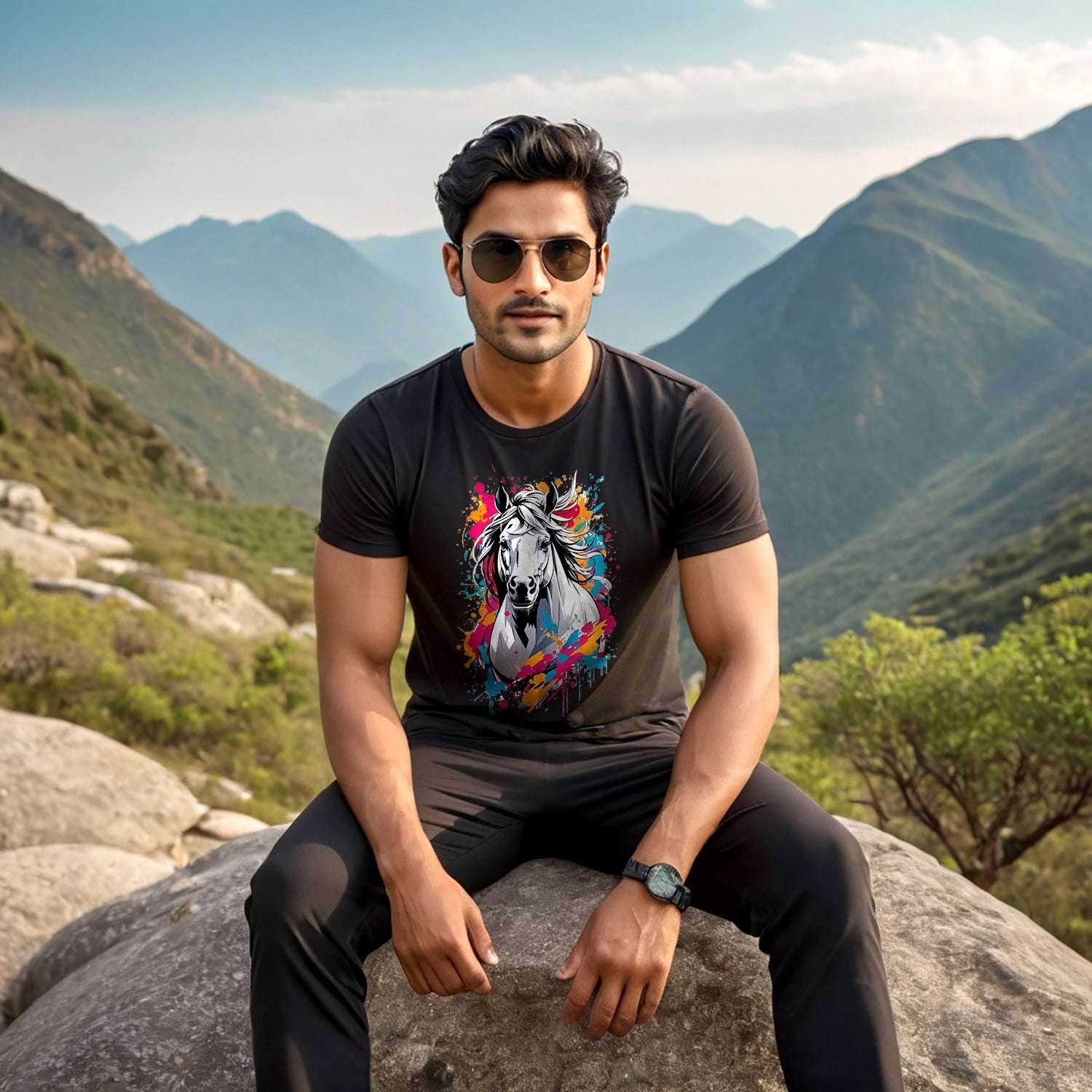 Charcoal Wooden White Horse Painting - Unisex Round Neck Regular Fit 100% Combed Cotton Half Sleeve T-Shirt - Mojilo Mart