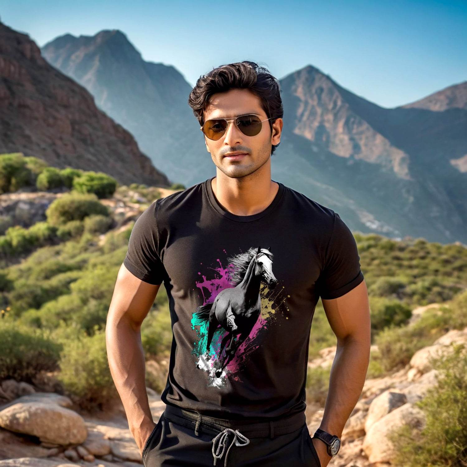 Color black and white horse - Unisex Round Neck Regular Fit 100% Combed Cotton Half Sleeve T-Shirt - Mojilo Mart