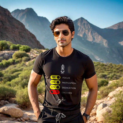 ON FOCUS ON MOTIVATION ON DEDICATION OFF EXCUSES - Unisex Round Neck Regular Fit 100% Combed Cotton Half Sleeve T-Shirt - Mojilo Mart