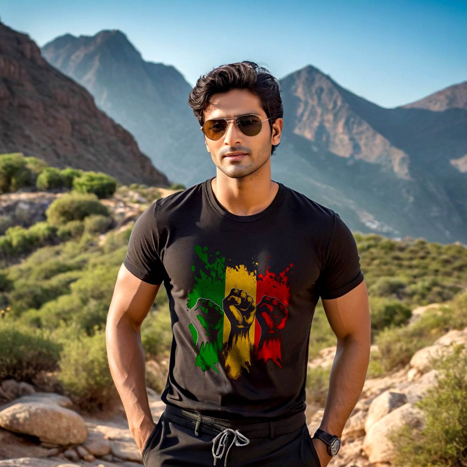 Five fists PanAfrican flag - Unisex Round Neck Regular Fit 100% Combed Cotton Half Sleeve T-Shirt - Mojilo Mart