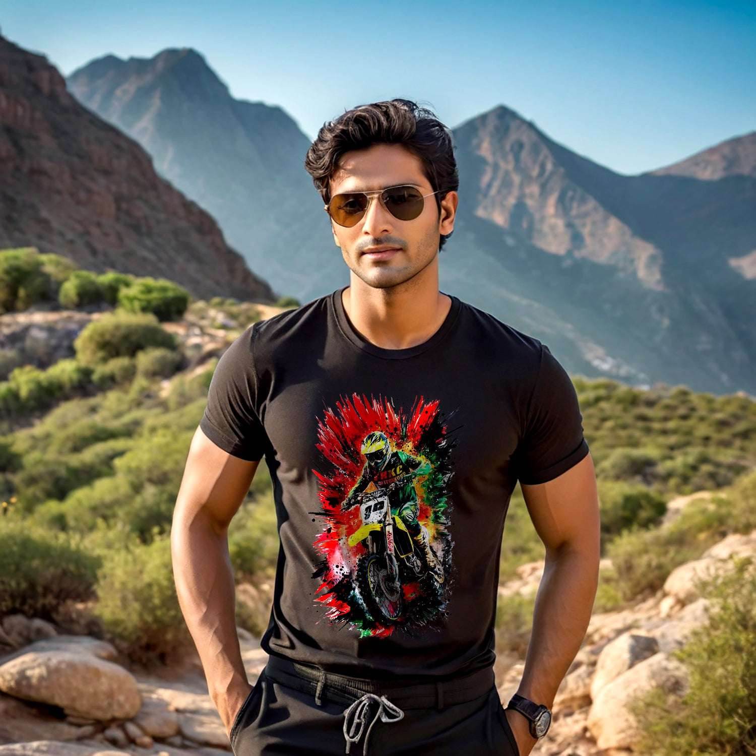 Dirt bike vibrant colors - Unisex Round Neck Regular Fit 100% Combed Cotton Half Sleeve T-Shirt - Mojilo Mart