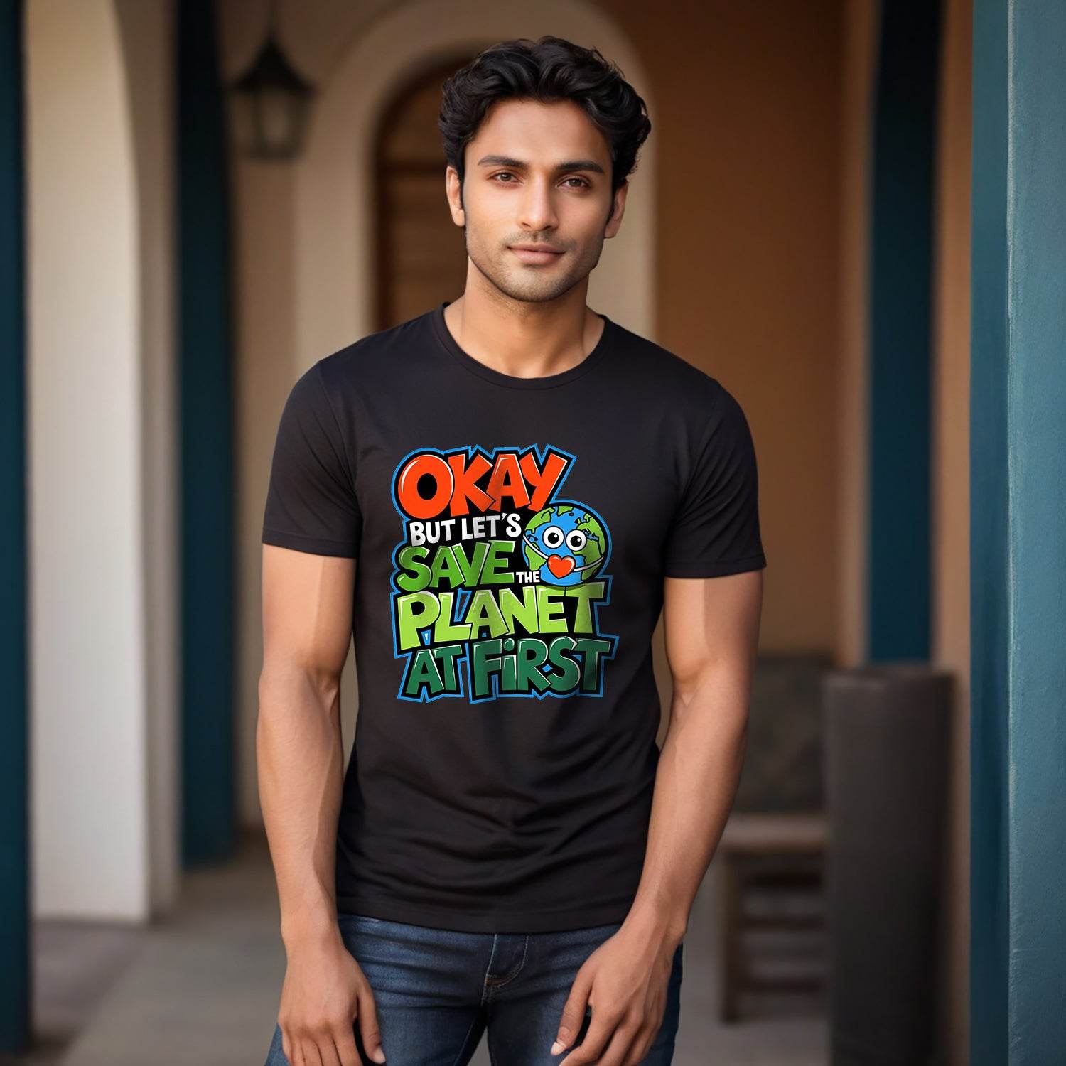 Okay But Let's Save Planet At First - Unisex Round Neck Regular Fit 100% Combed Cotton Half Sleeve T-Shirt - Mojilo Mart