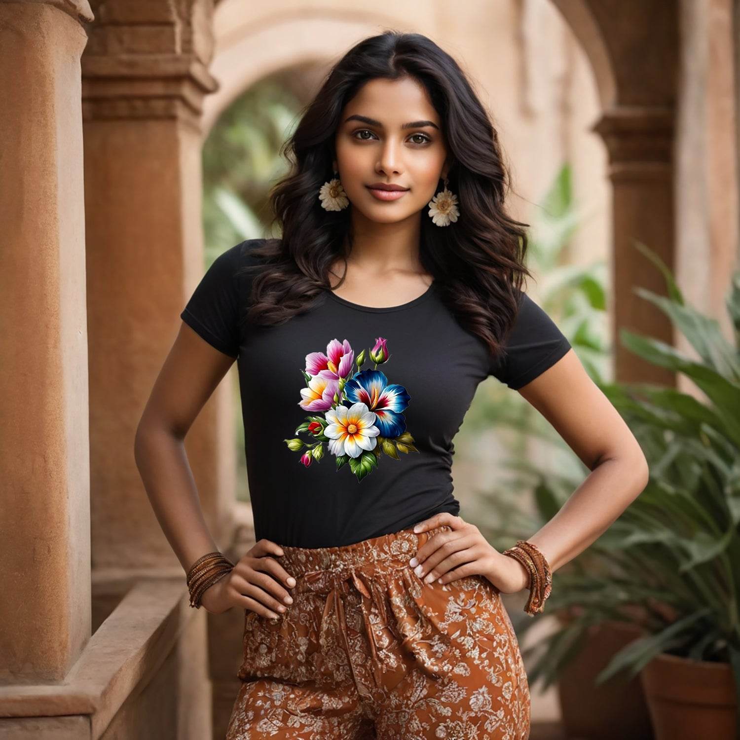 Colorful Flowers - Unisex Round Neck Regular Fit 100% Combed Cotton Half Sleeve T-Shirt - Mojilo Mart