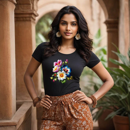 Colorful Flowers - Unisex Round Neck Regular Fit 100% Combed Cotton Half Sleeve T-Shirt - Mojilo Mart