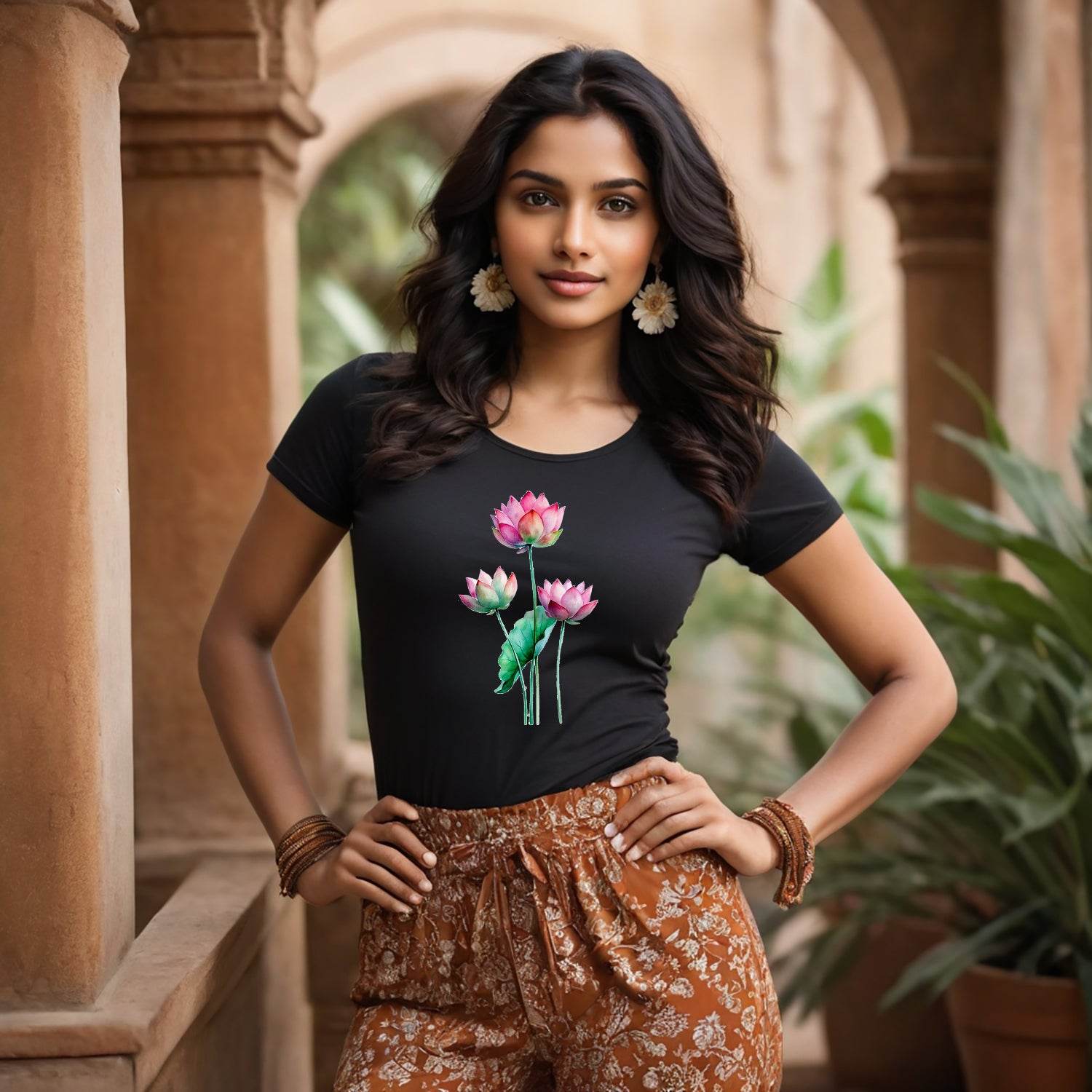 Pink Lotus Flower - Unisex Round Neck Regular Fit 100% Combed Cotton Half Sleeve T-Shirt - Mojilo Mart