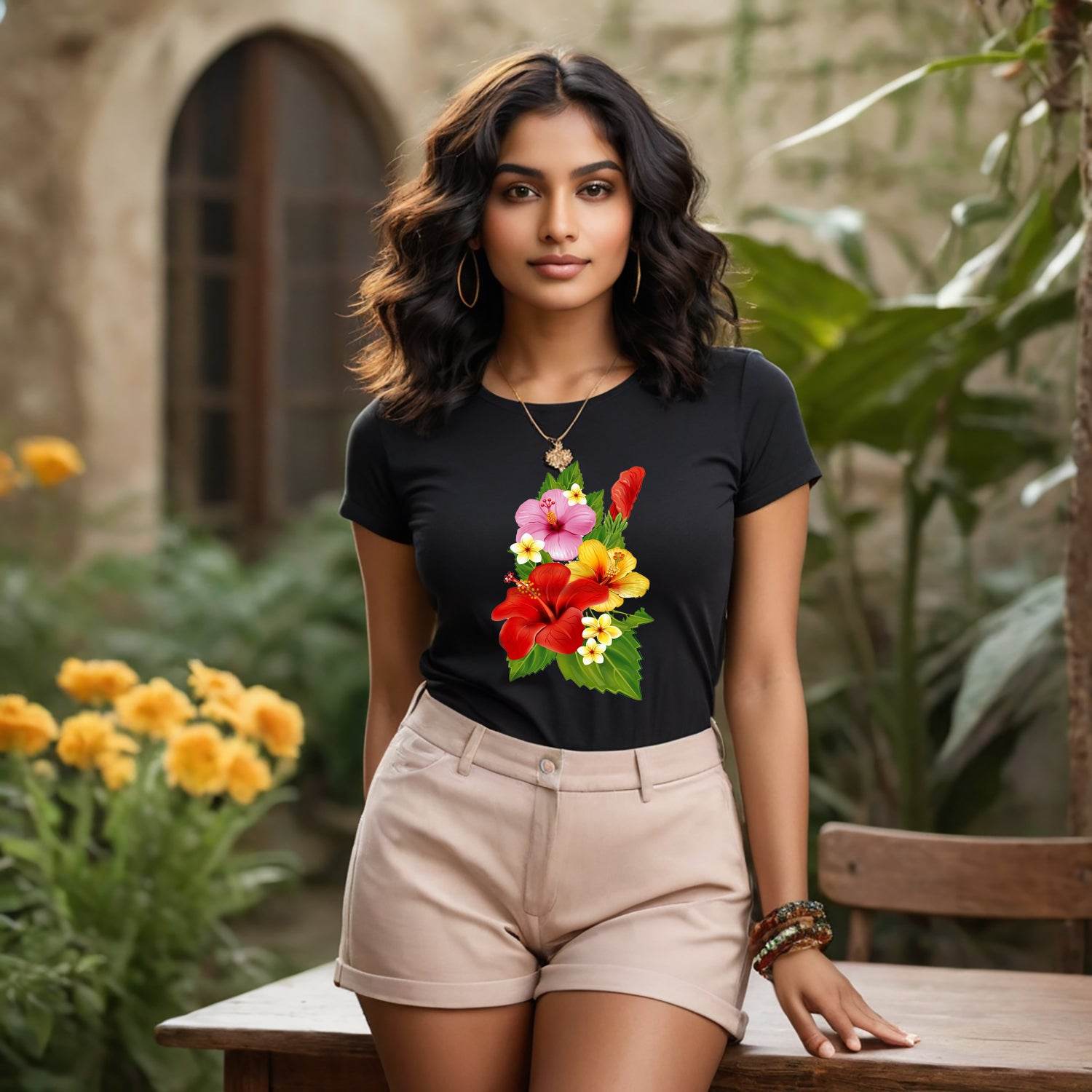 Hibiscus Bouquet Flower - Unisex Round Neck Regular Fit 100% Combed Cotton Half Sleeve T-Shirt - Mojilo Mart